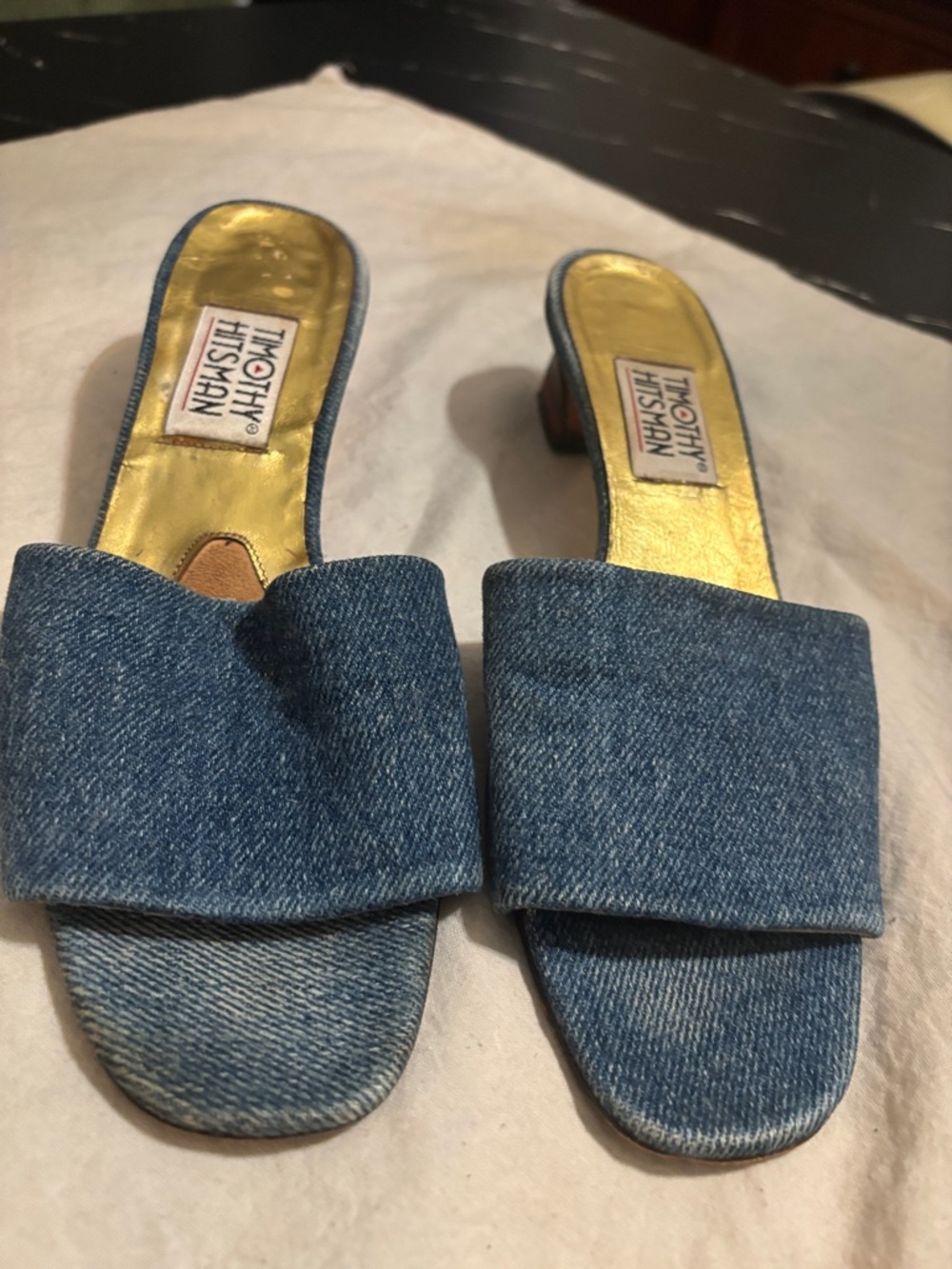 Timothy Hitsman Denim Mule Slides in Blue with Gold Insole